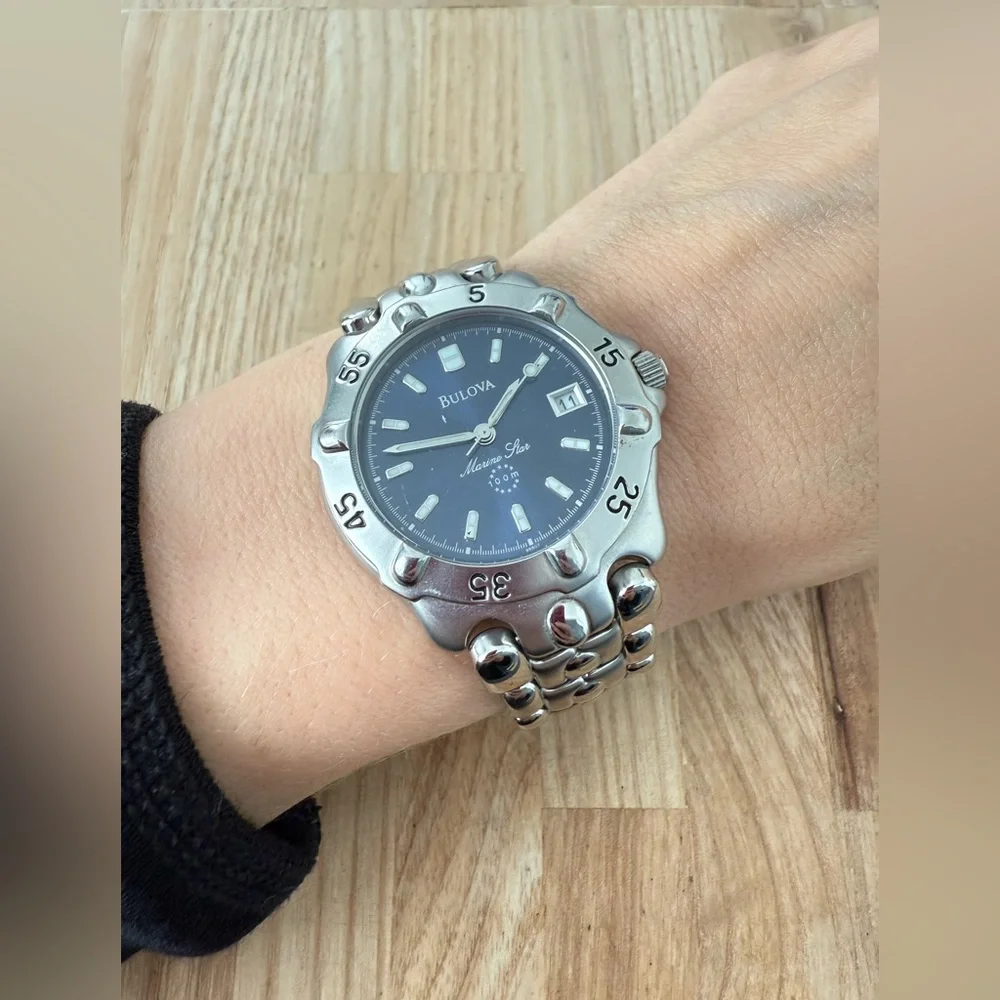 Bulova marine star navy blue dial stainless steel watch NEW BATTERY